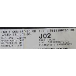 BSI J02 VIERGE PEUGEOT 307 9651197480OR 9651196780OR J02-00 VALEO
