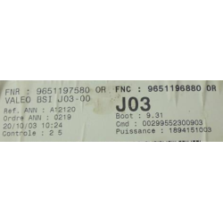 BSI VIERGE PEUGEOT 307 J03 VALEO 9651196880OR 9651197580OR J03-00
