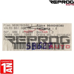 BSI VIERGE PEUGEOT 307 9636760580F 9644098380 VARIANTE: E VALEO G0X-00 SYLEA