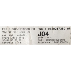 BSI VIERGE PEUGEOT 307 J04 9650218080OR 9650217380OR VALEO J04-00 6580J0 6580HS